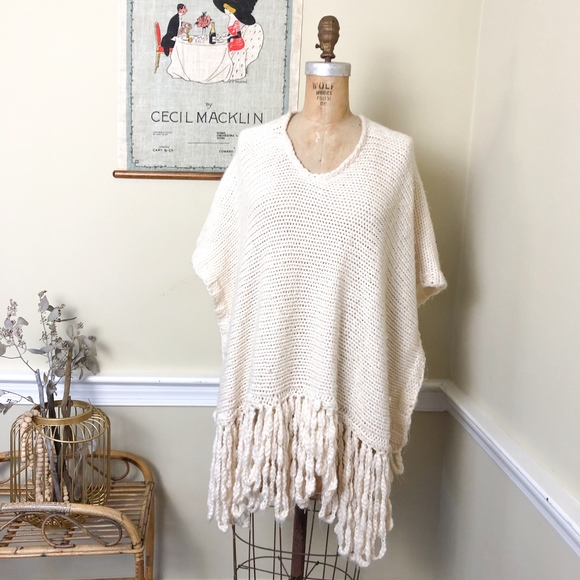 Urban Outfitters Sweaters - UO ECOTE Cream boho Knit Poncho fringe Sweater